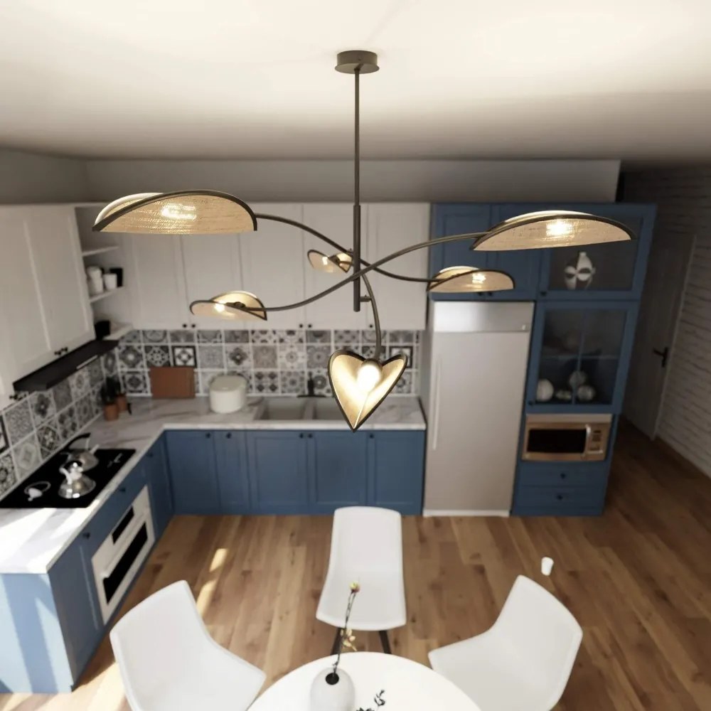 Lampadario a Sospensione in Acciaio e Tessuto LOTUS 6 Nero 6xE14 Colore del corpo Nero e Rattan