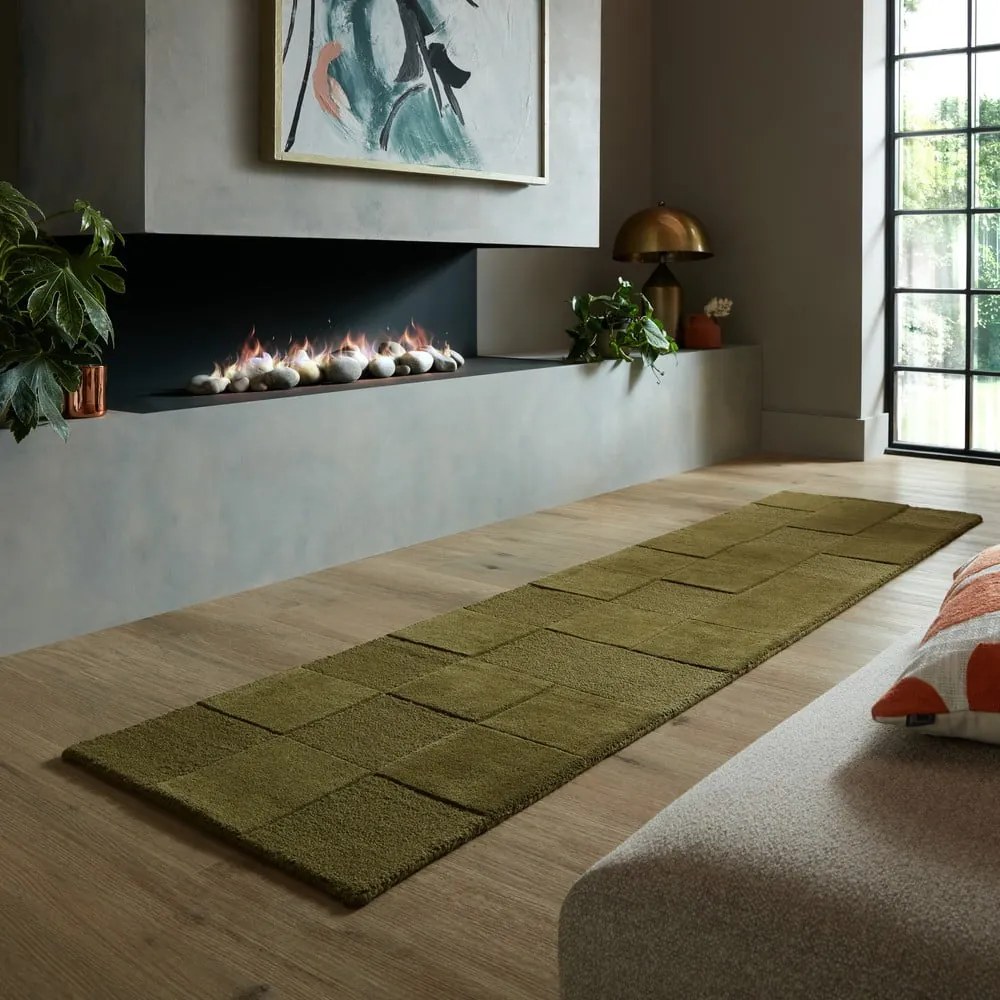 Passatoia in lana kaki tessuta a mano 60x230 cm Checkerboard - Flair Rugs