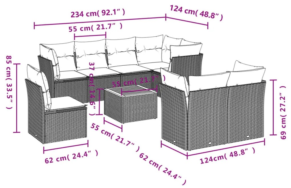 Set divano da giardino 9 pz con cuscini grigio in polyrattan