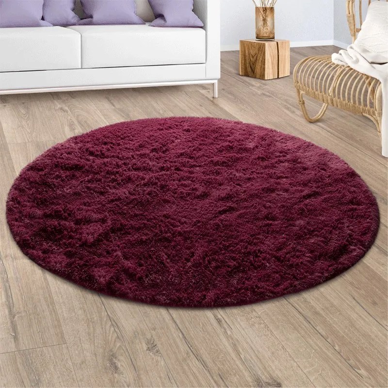 Tappeto Moderno Shaggy a pelo lungo Tinta Unita  Colore Bordeaux, Dimensioni cm 120 tondo