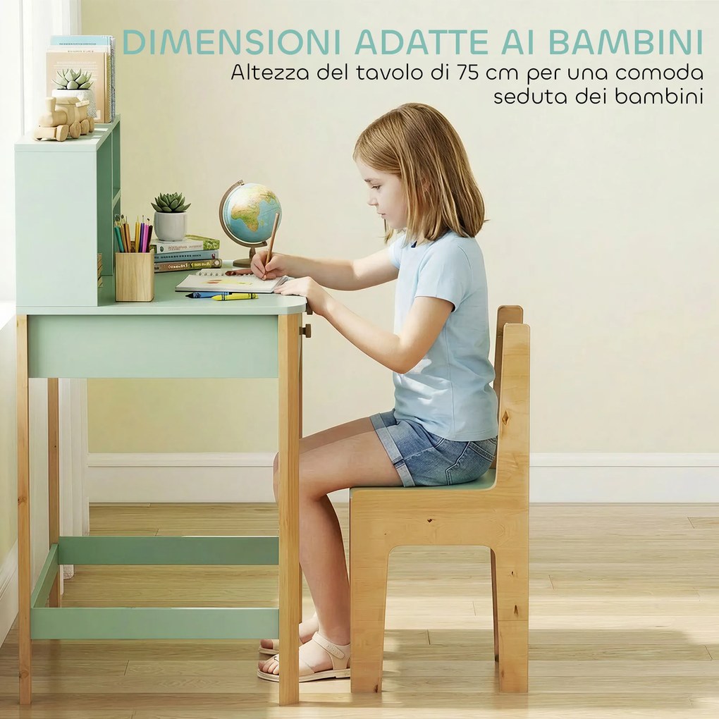 Scrivania per Bambini 5-12 Anni 90x52x105 cm con 3 Ripiani e 2 Cassetti in Legno Verde...