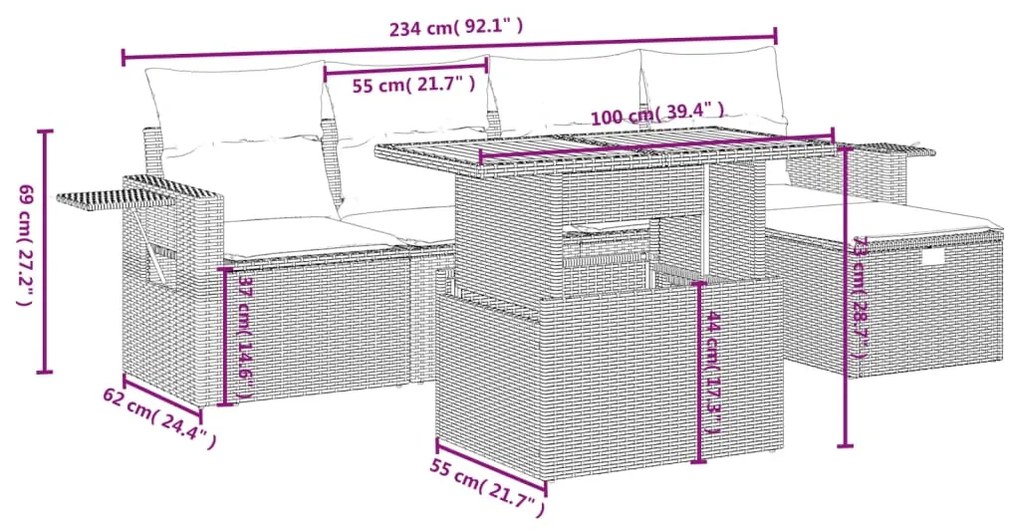 Set divano da giardino 6 pz con cuscini nero in polyrattan