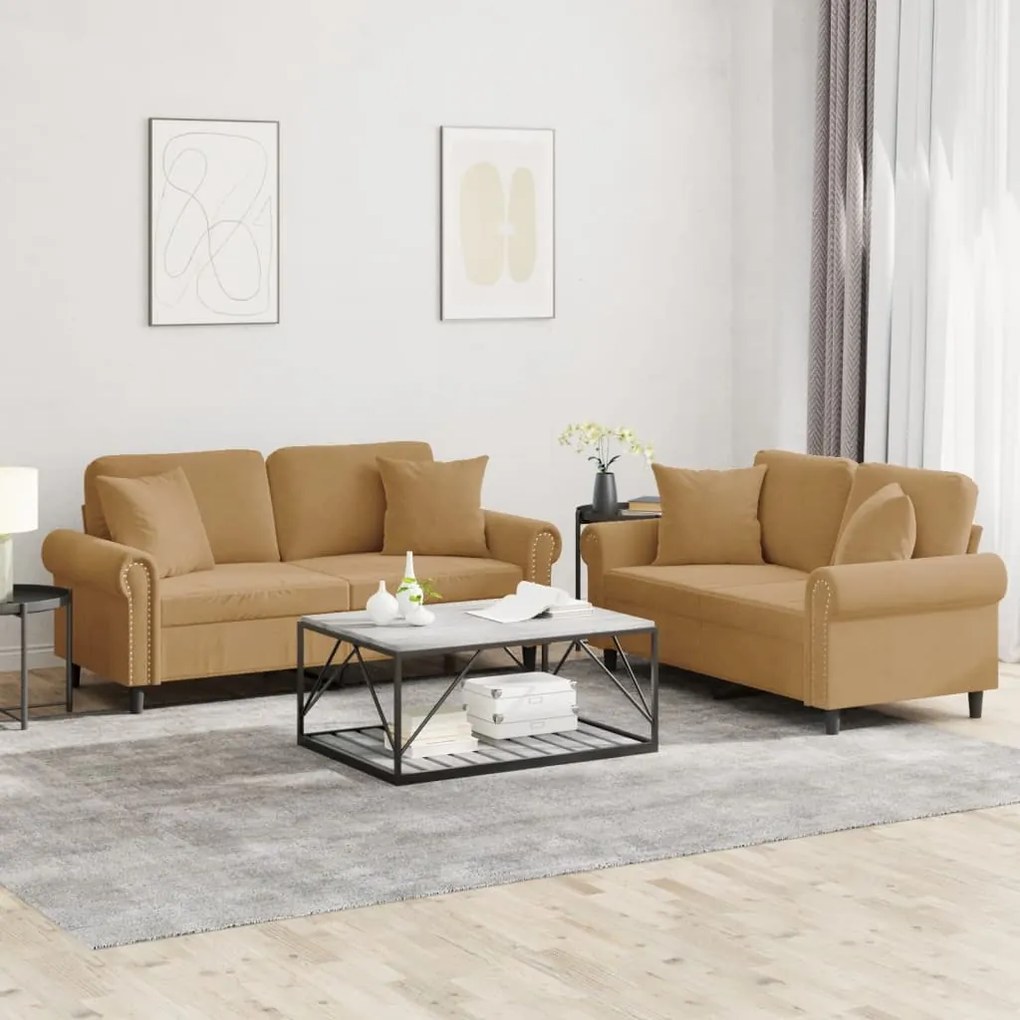 Set Di Divani 2 Pz Con Cuscini Marrone İn Velluto /