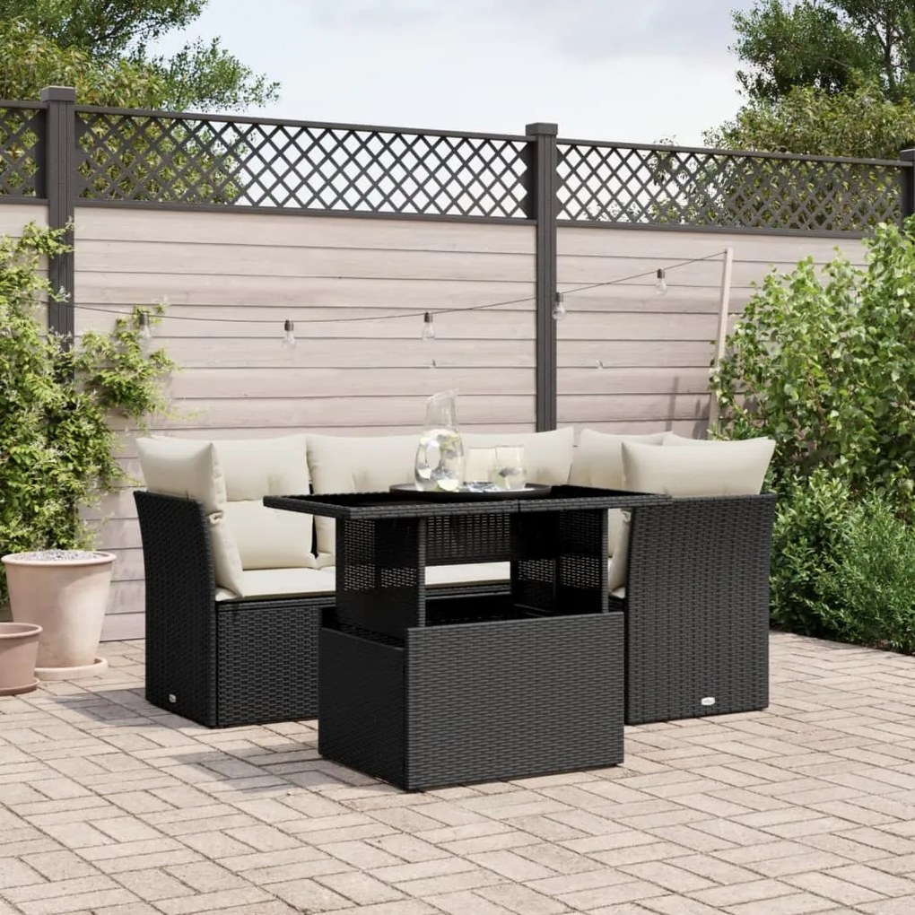 Set divani da giardino 5 pz con cuscini in polyrattan nero