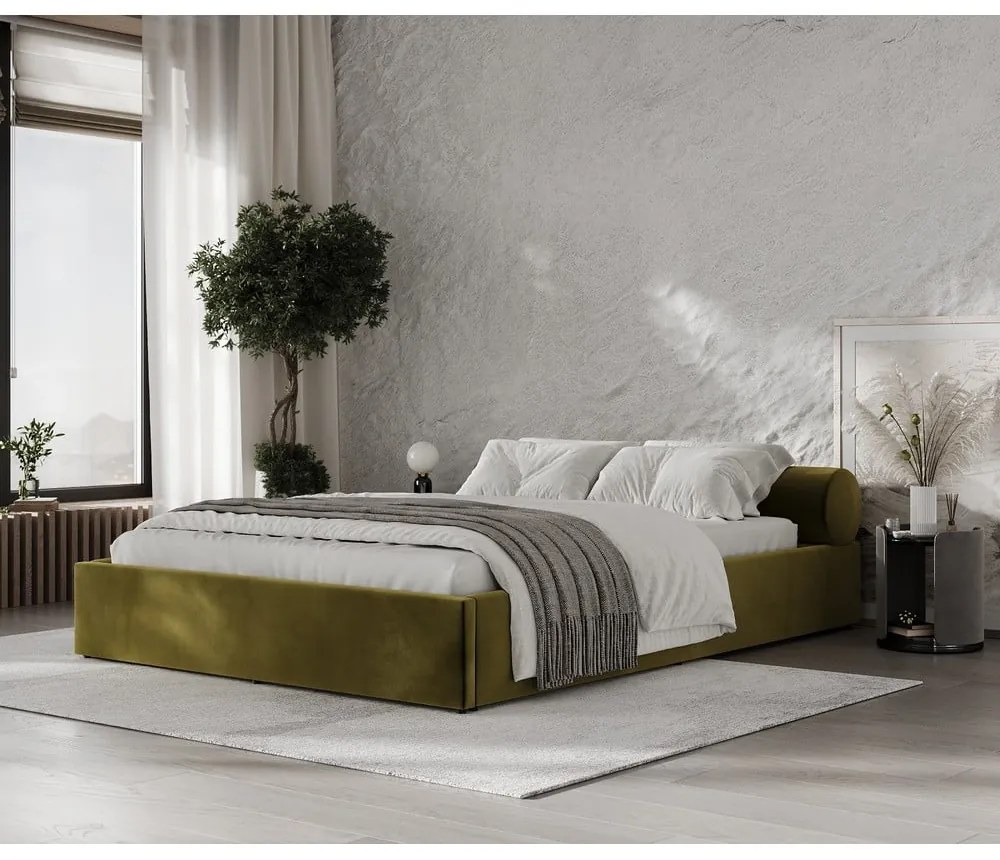 Letto matrimoniale imbottito verde scuro con contenitore e rete inclusi 180x200 cm Solvo – Maison de Rêve
