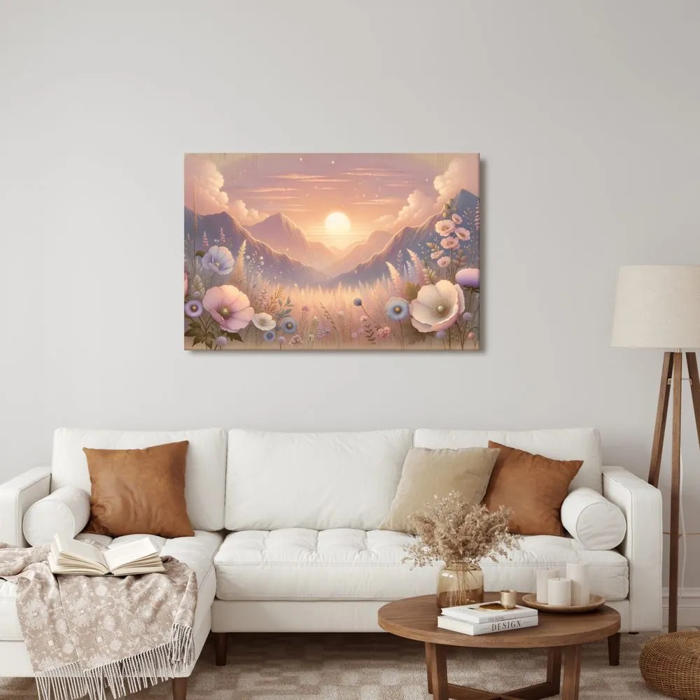 Quadro su tela – Tramonto romantico con prato