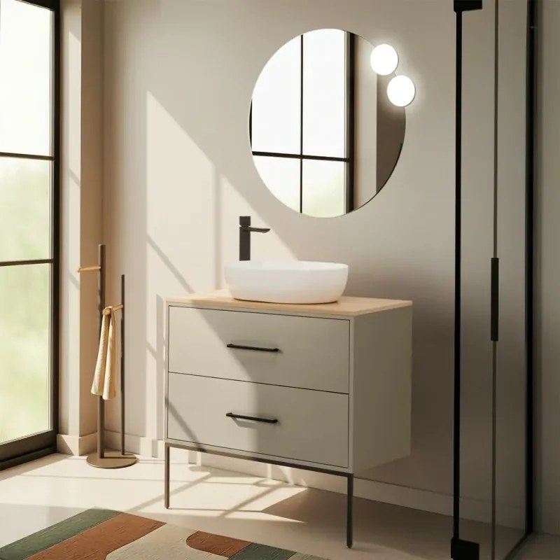 Mobile bagno sospeso 80cm tortora con due cassetti e specchio Brik