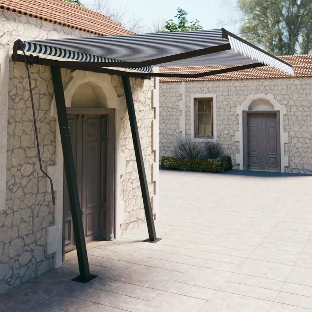 Tenda Da Sole Retrattile Automatica Con Pali 3x2,5m Blu/ Bianca /