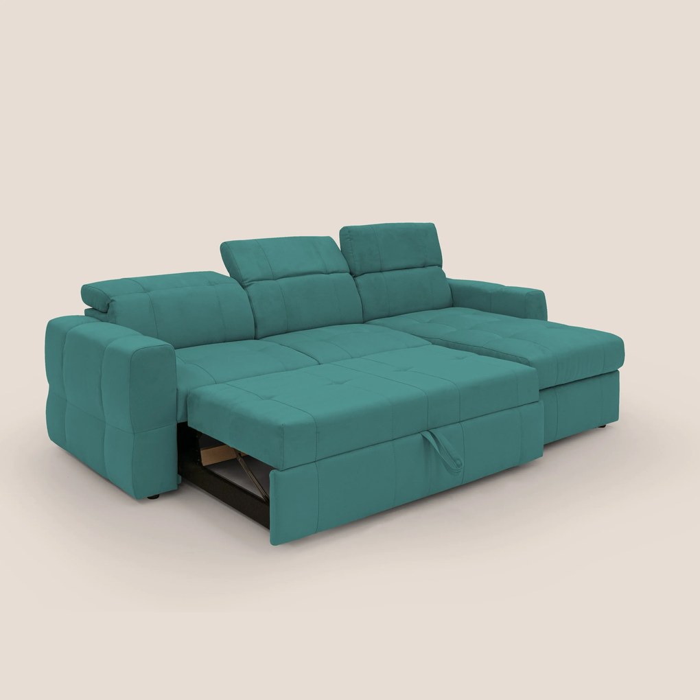 Kronos Divano angolare con pouf estraibile e penisola contenitore in microfibra impermeabile T11 petrolio