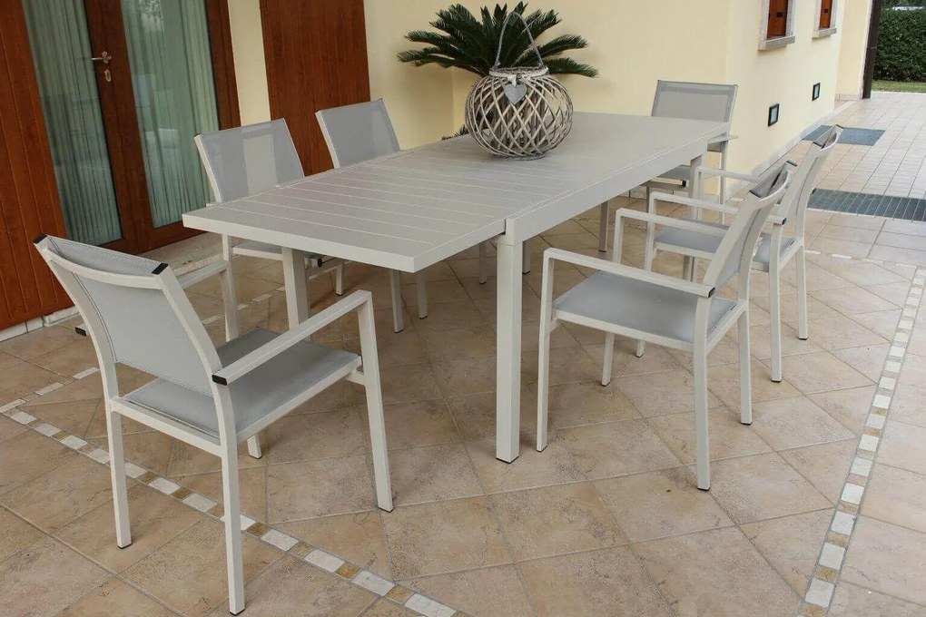 DEXTER - set tavolo in alluminio cm 200/300 x 100 x 74 h con 6 poltrone Venus
