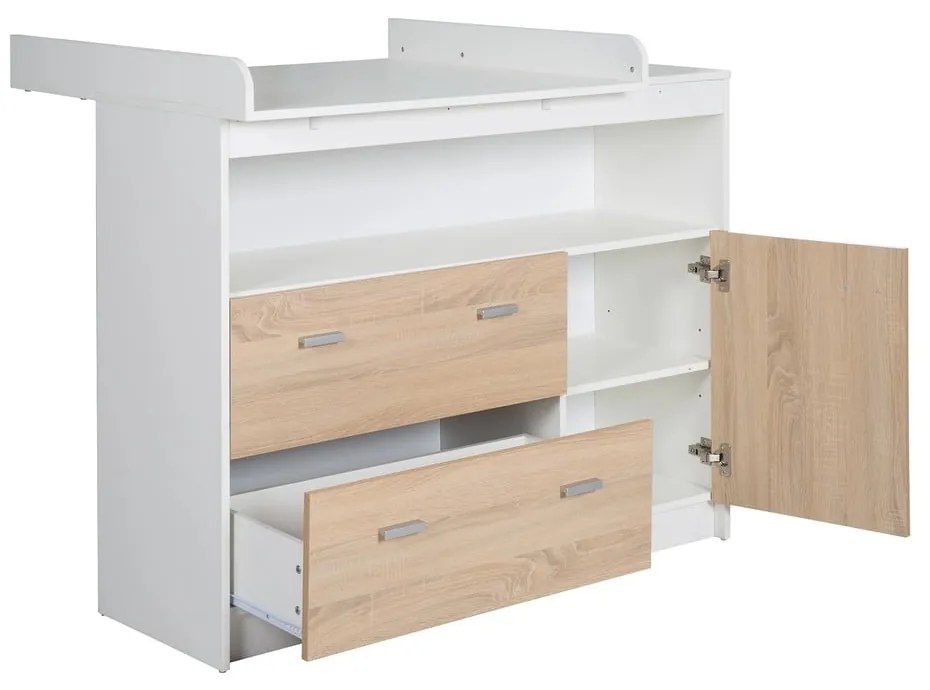 Cassettiera bassa per bambini in rovere con fasciatoio in bianco e naturale 117x98 cm Gabriella - Roba