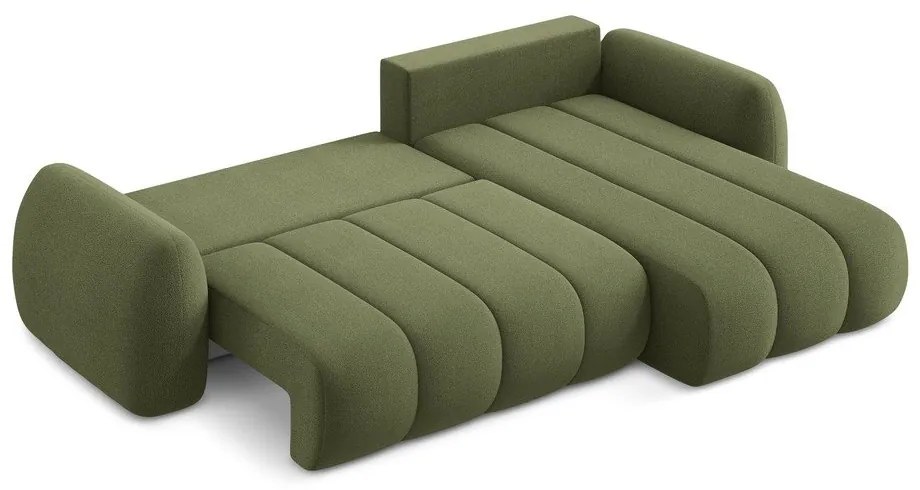 Divano angolare verde allungabile/con contenitore (con penisola a destra/con chaise lounge) con rivestimento in bouclé Pele – Makamii