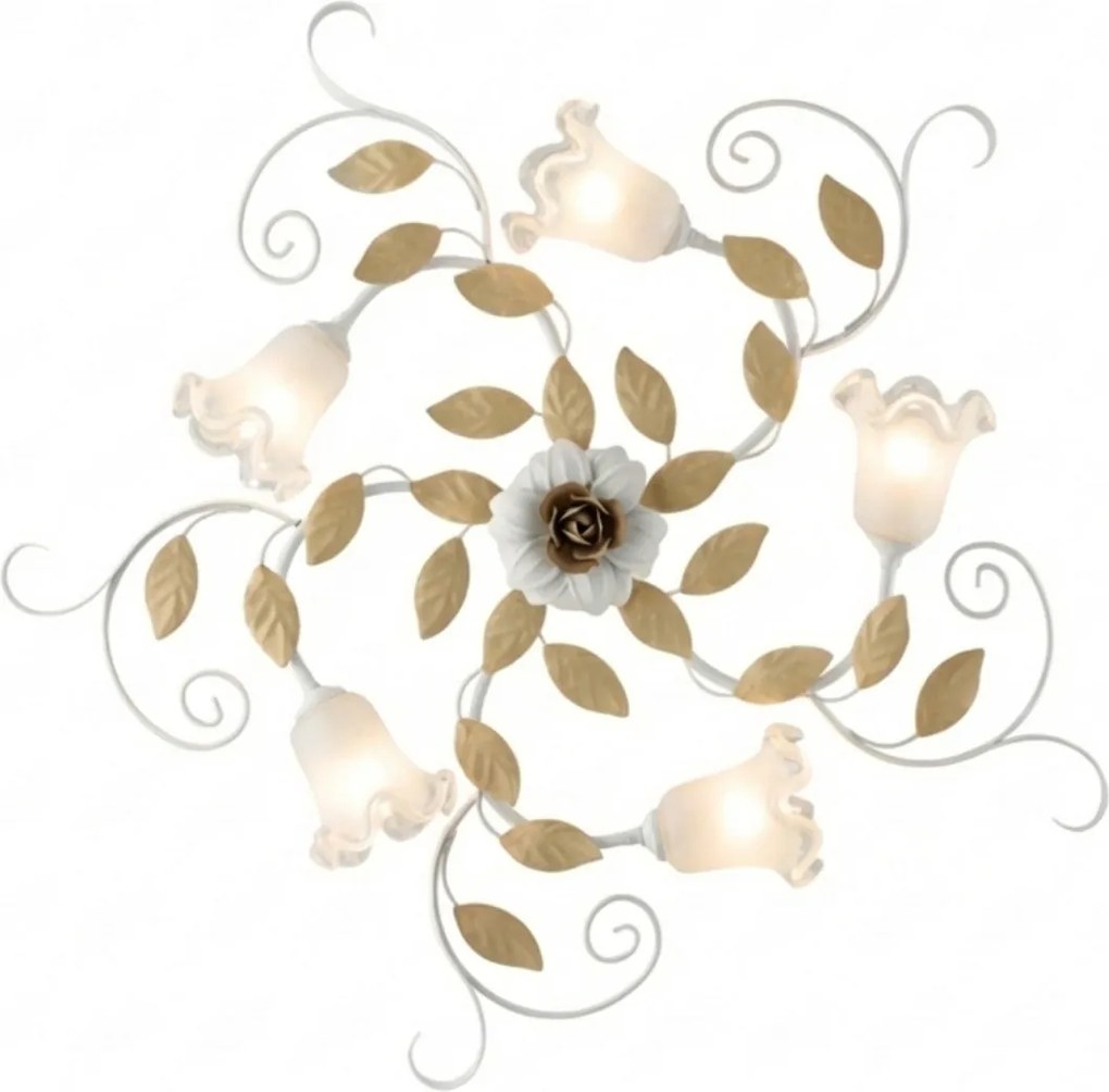 Plafoniera Arte Povera Cesto Metallo Bianco E Oro 5 Luci E14