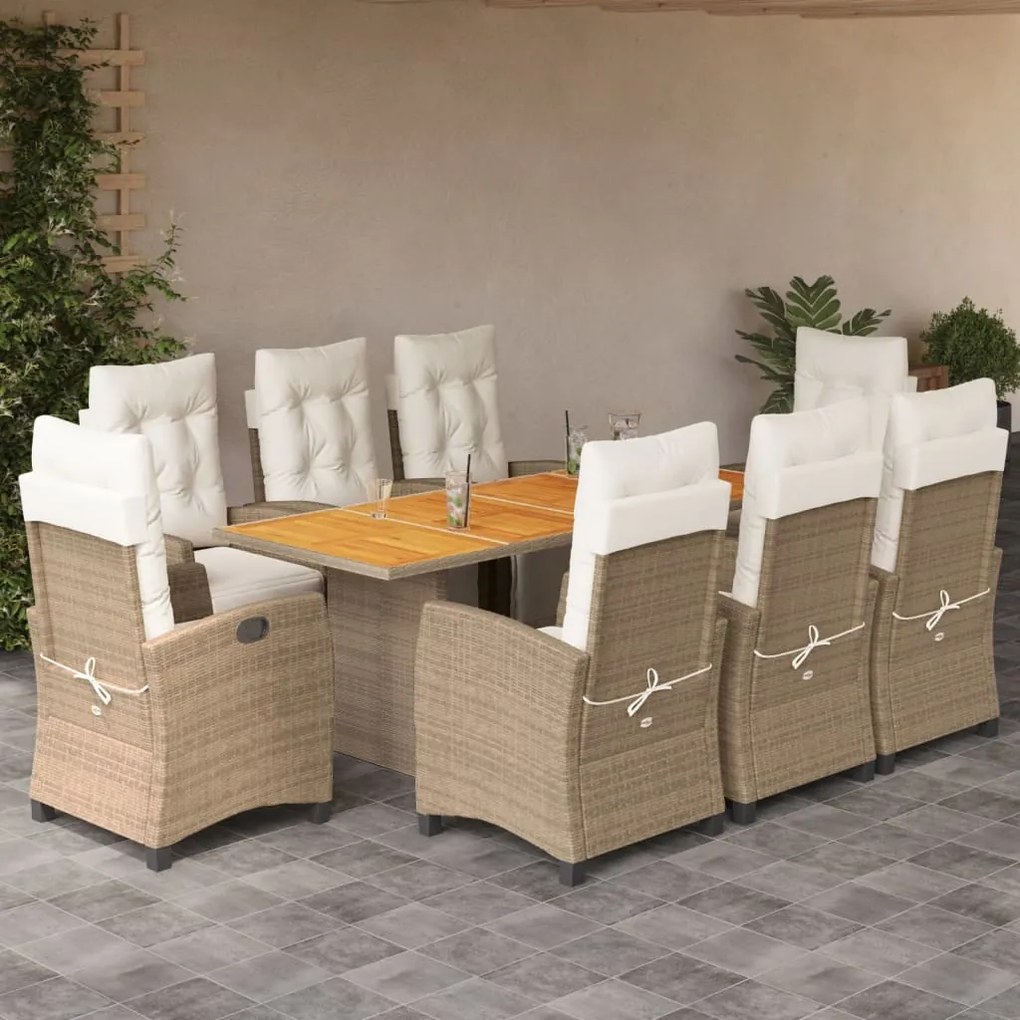 Set da pranzo da giardino 9 pz con cuscini beige in polyrattan