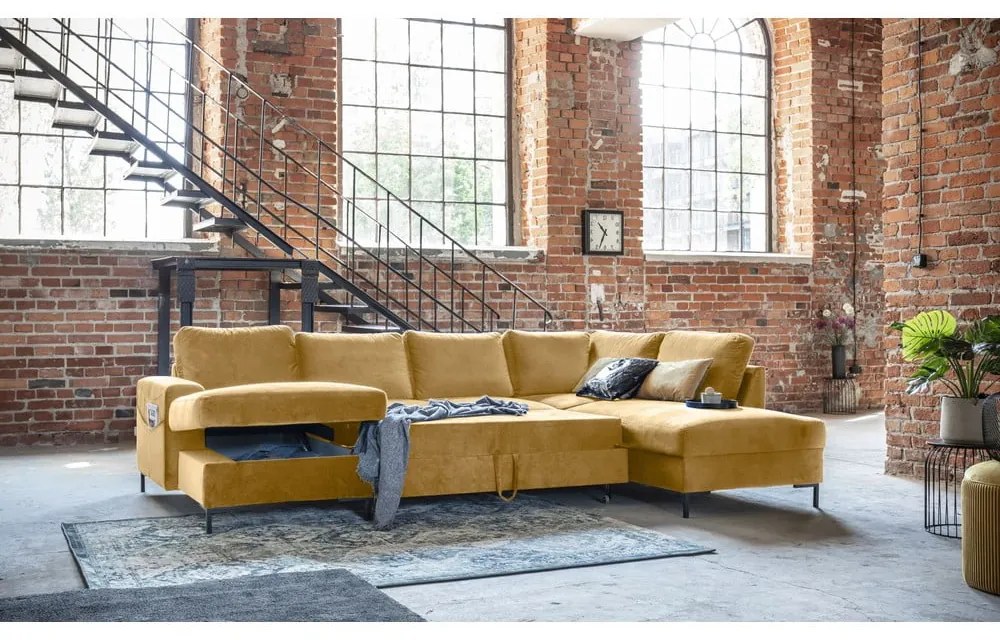 Divano letto a U in velluto giallo senape, angolo destro Lofty Lilly - Miuform