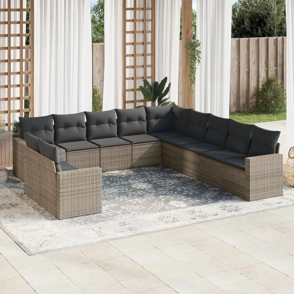 Set divani da giardino 11 pz con cuscini in polyrattan grigio