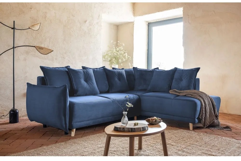 Divano letto angolare in velluto a coste blu scuro (angolo destro) Lazy Lukka - Miuform