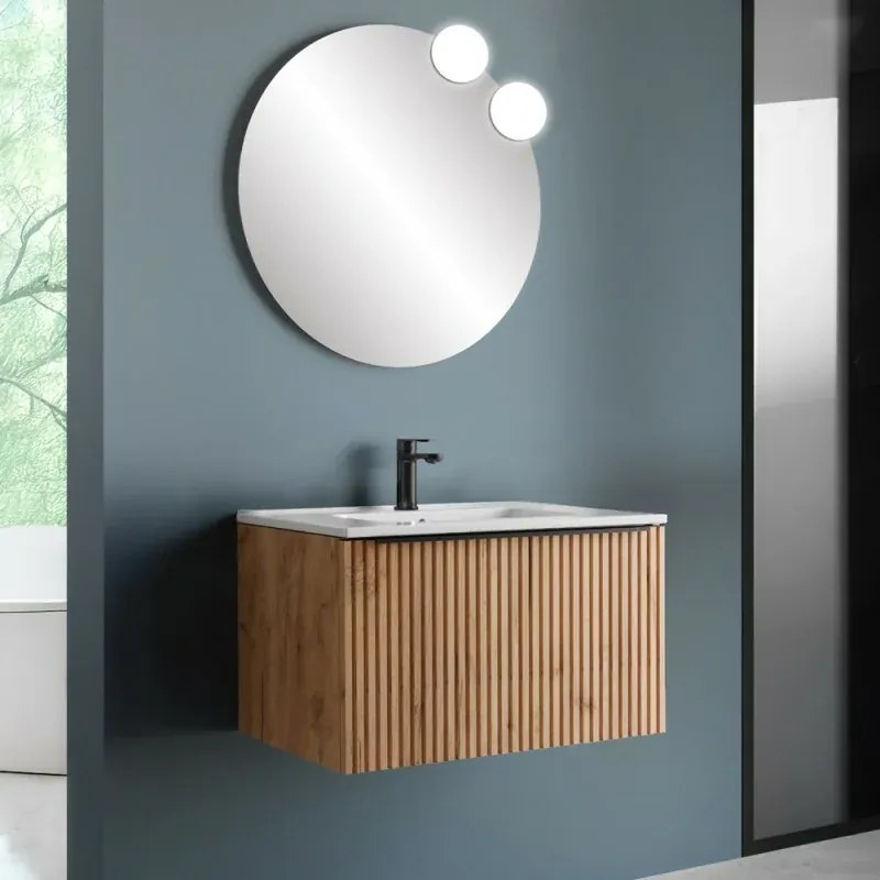 Mobile bagno sospeso 70 cm Rovere Africa cannettato con cassetto, specchio e lavabo Nara