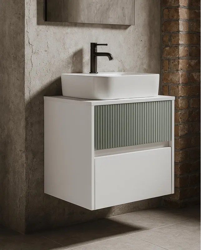 Mobile da bagno sospeso sotto lavabo Niwa 2 cassettiL 59.5 x H 50 x P 45.5 cm bianco e verde timo cannettato