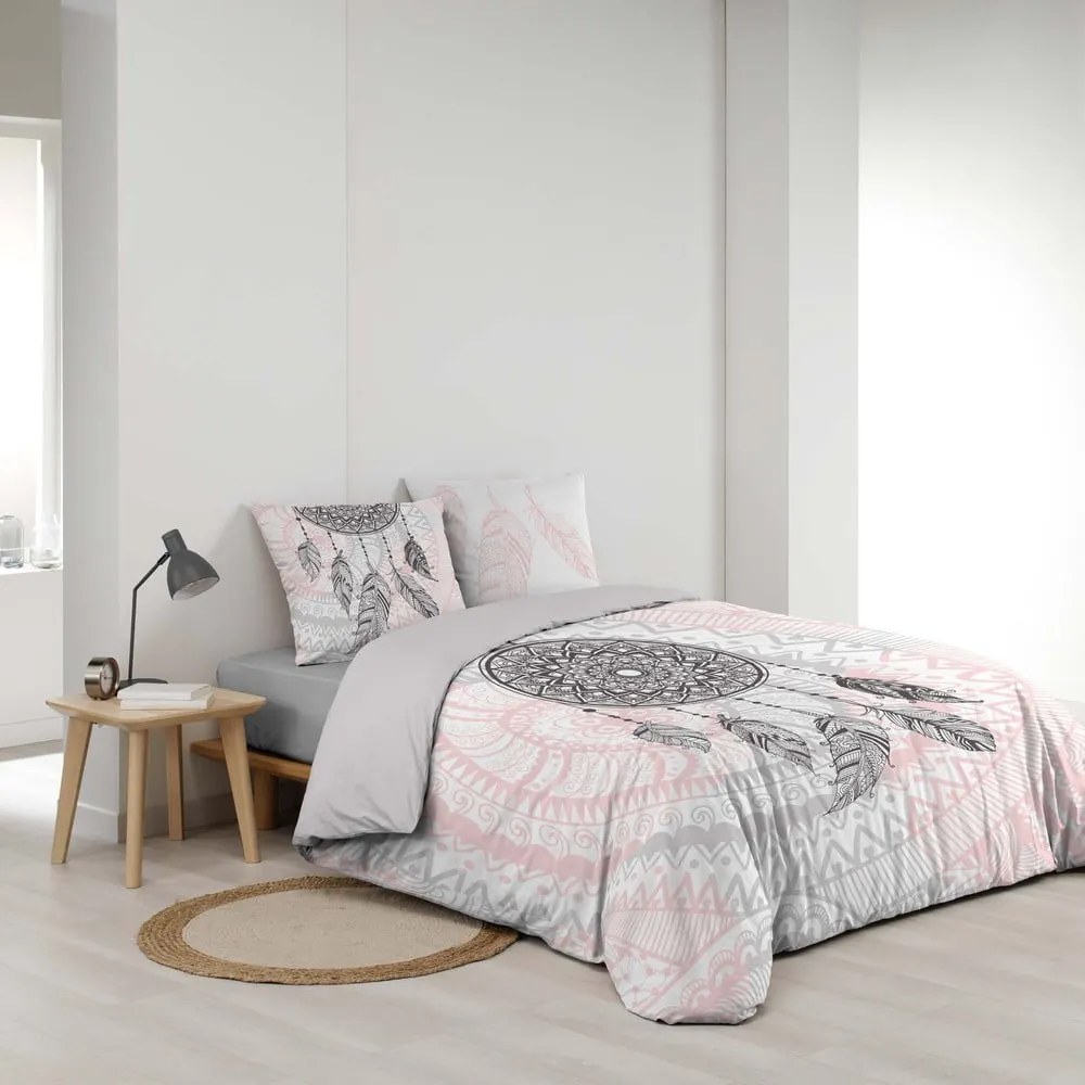 Biancheria da letto in cotone bianco e rosa per letto matrimoniale 200x200 cm Namaste - douceur d'intérieur