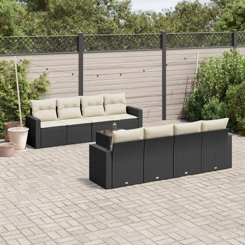 Set divani da giardino 9 pz con cuscini nero in polyrattan