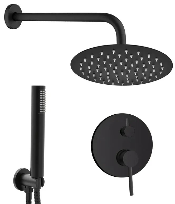 Set doccia York nero opaco con miscelatore, braccio 30 cm, soffione 25cm e kit con doccino, flessibile e presa acqua