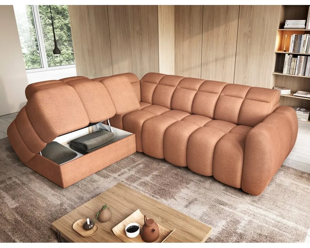 Divano angolare color salmone allungabile/con contenitore (con penisola a sinistra/a L) e rivestimento in bouclé Falconn – ELTAP