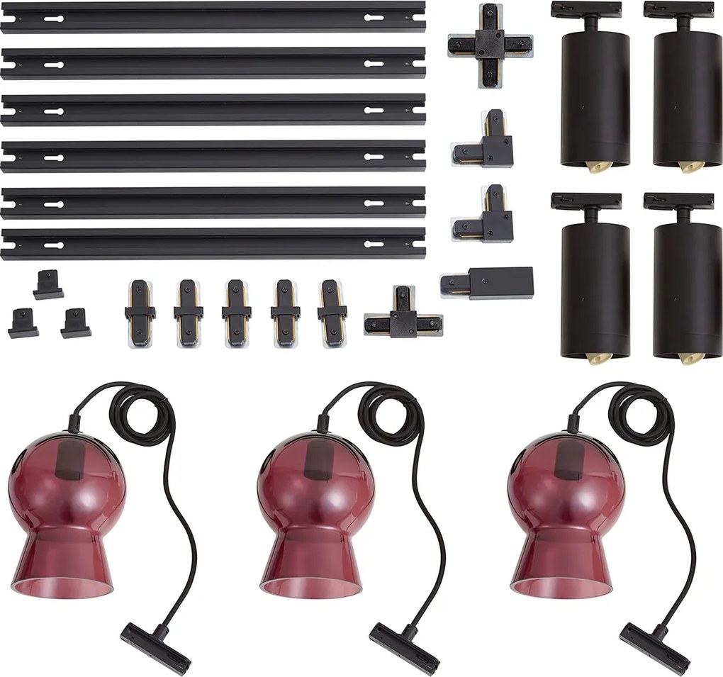 Sistema a binario moderno nero con 4 faretti e 3 lampade a sospensione viola monofase - Iconic Bell Jeana Luxe