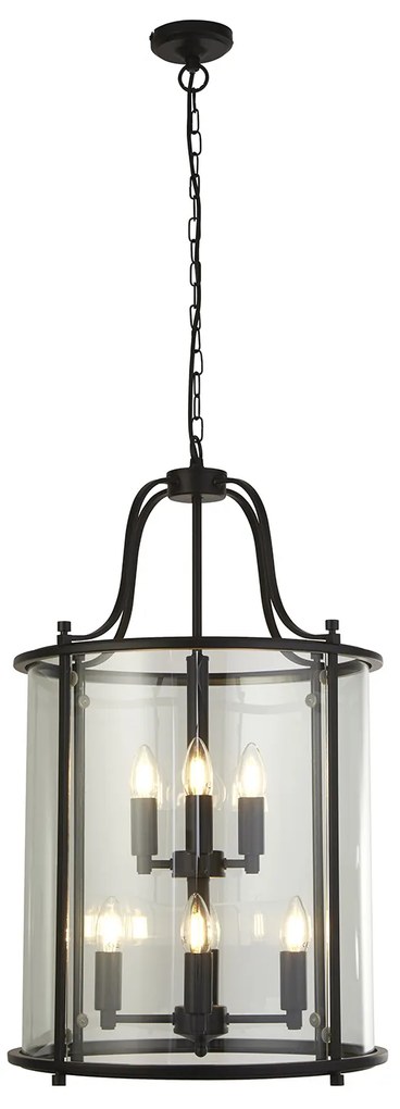 Lampadario Industrial Lantern Acciaio Nero Vetro Trasparente 8 Luci E14