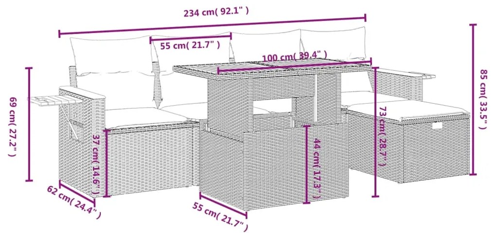 Set Divano da Giardino 6 pz con Cuscini Nero in Polyrattan