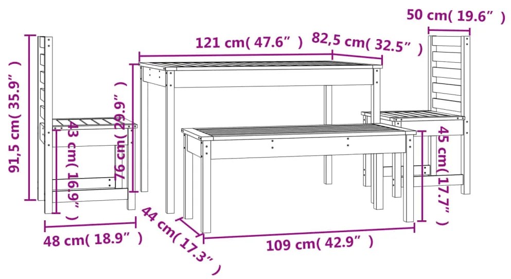 Set da Pranzo per Giardino 4pz Nero in Legno Massello di Pino