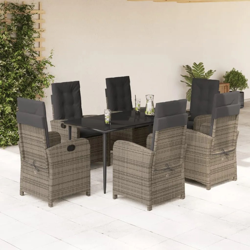 Set da pranzo da giardino 7 pz con cuscini in polyrattan grigio