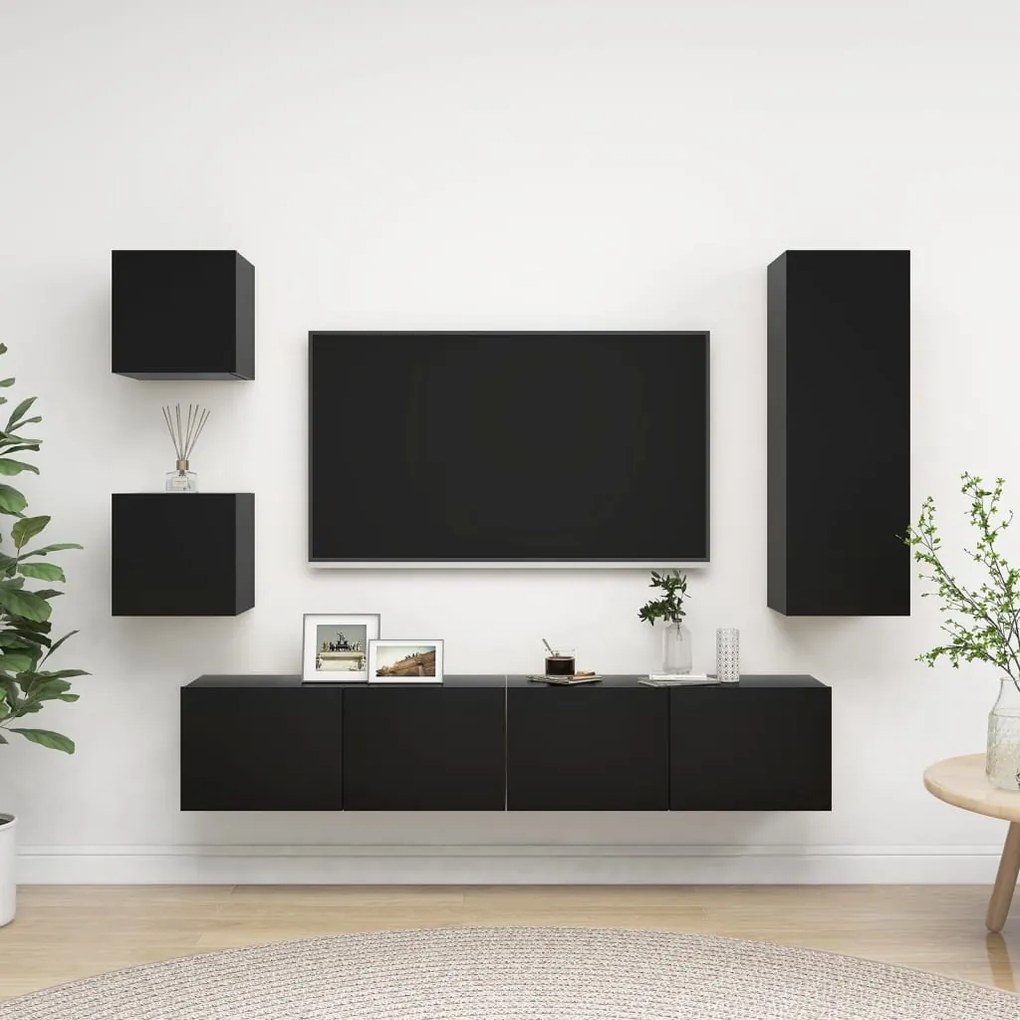 Set Di Mobili Porta Tv 5 Pz Nero İn Legno Multistrato /