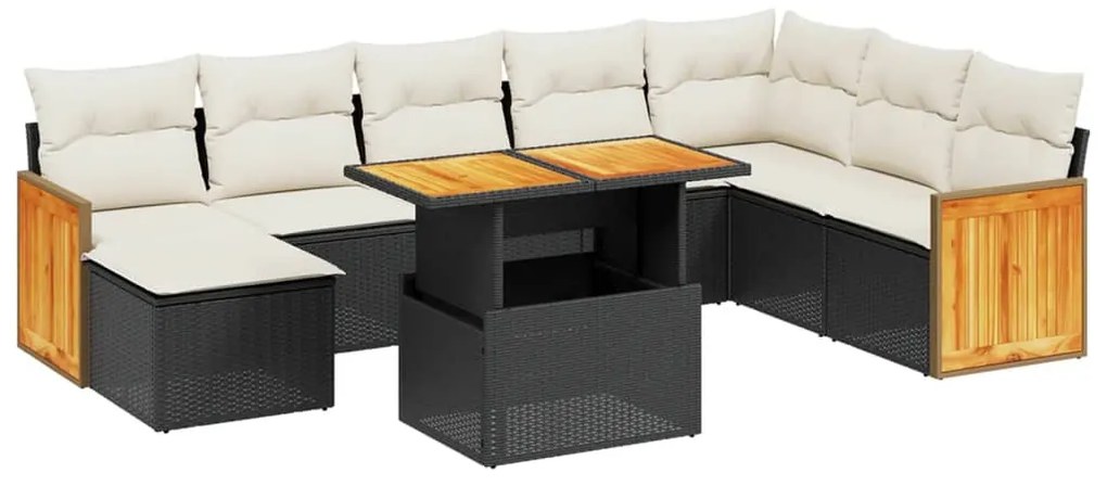 Set divani da giardino 9 pz con cuscini nero in polyrattan