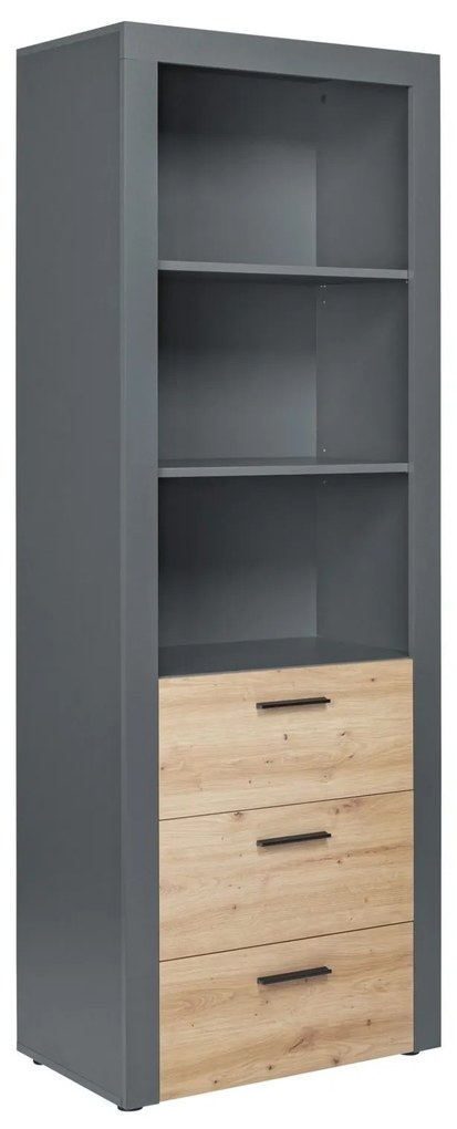 Libreria con 3 cassetti in laminato grigio e quercia