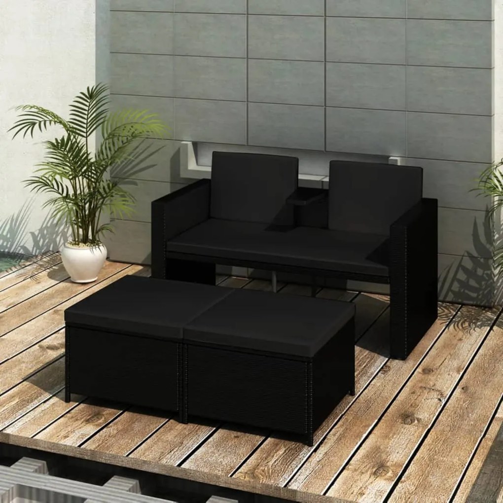 Set divani da giardino 3 pz con cuscini in polyrattan nero