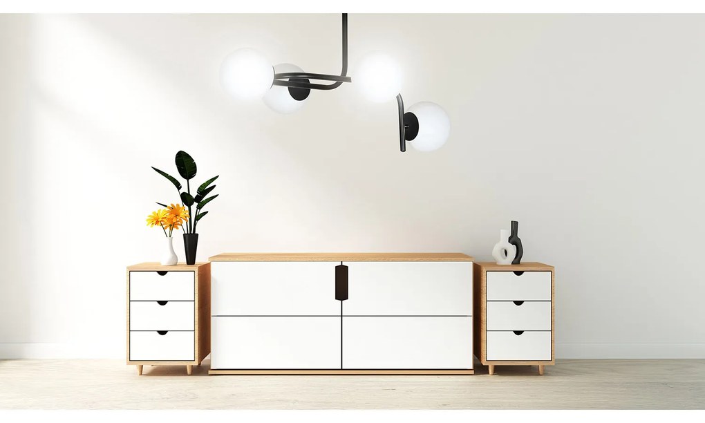 Lampadario 4 Luci Rama In Acciaio Nero A Bracci Curvi E Sfere In Vetro Opalino