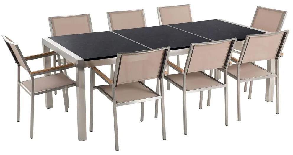 Set di tavolo e 8 sedie da giardino in acciaio basalto e fibra tessile beige nero lucido 220 cm GROSSETO Beliani