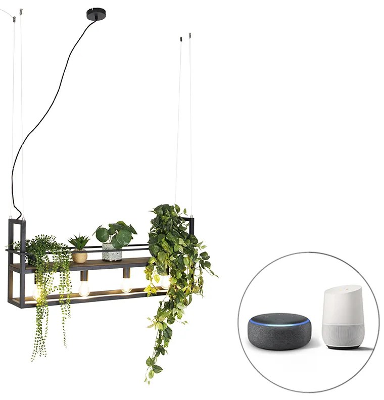 Lampada a sospensione intelligente nera con legno e mensola 4 luci incl. Wifi A60 - Cage Rack