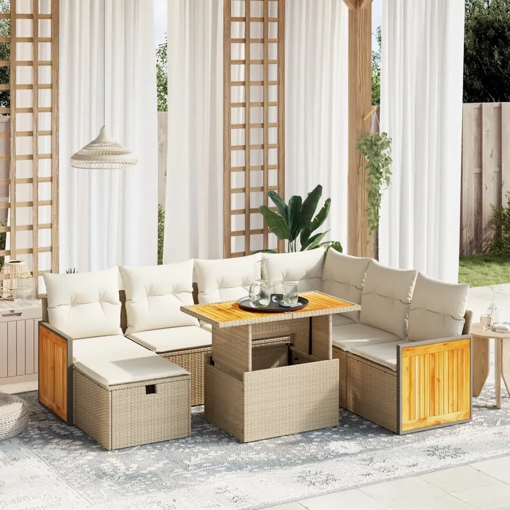 Set divano da giardino 8 pz con cuscini beige in polyrattan