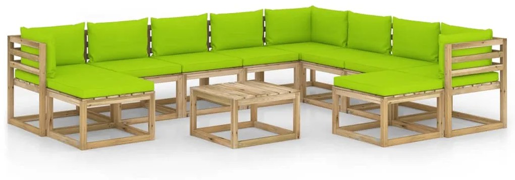 Set Divani da Giardino 11 pz e Cuscini Legno di Pino Impregnato