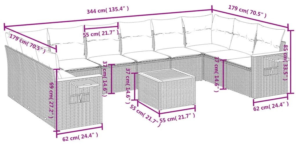 Set divani da giardino 11 pz con cuscini in polyrattan nero