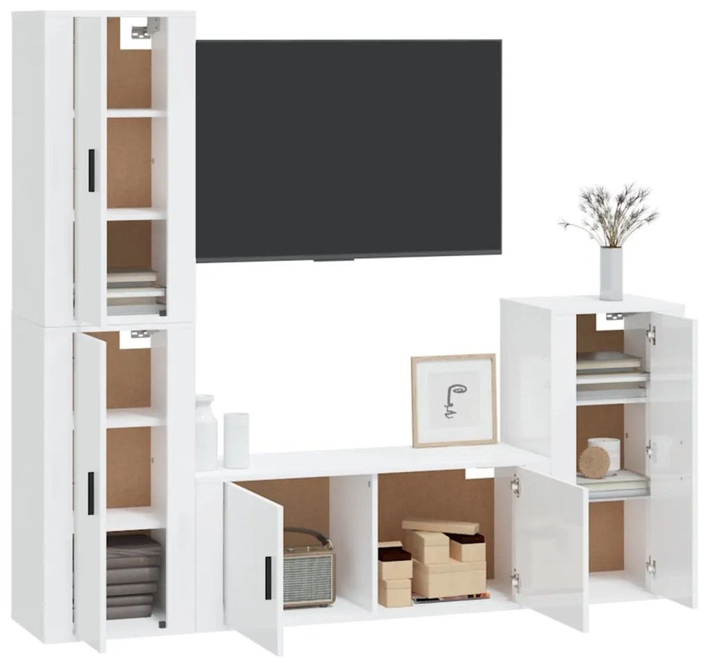 Set di mobili porta tv 4 pz bianco lucido in legno multistrato