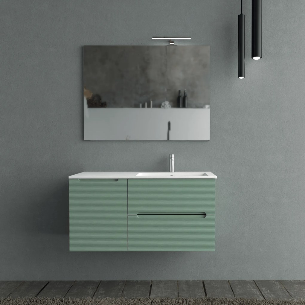 Mobile Bagno Sospeso Cannettato 100 Cm Due Cassetti Un'Anta Lavabo a Dx Specchio Con Lampada Led 70x100 Cm AdattoCasa "Rigo" Verde Salvia/Bianco Lucido