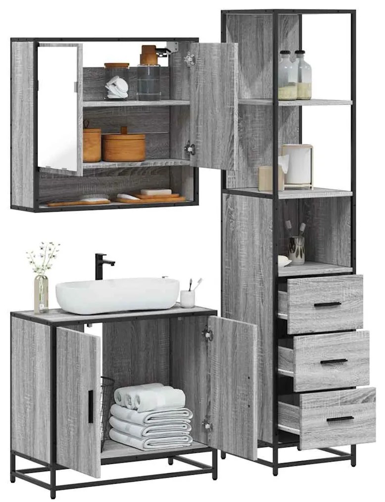 Set Mobili Da Bagno 3 Pz Grigio Sonoma İn Legno Multistrato /