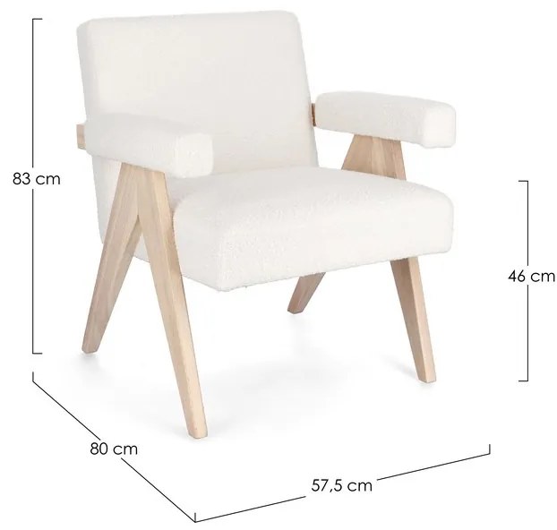 Poltrona FAIZA in tessuto effetto bouclé avorio e gambe in legno rubberwood