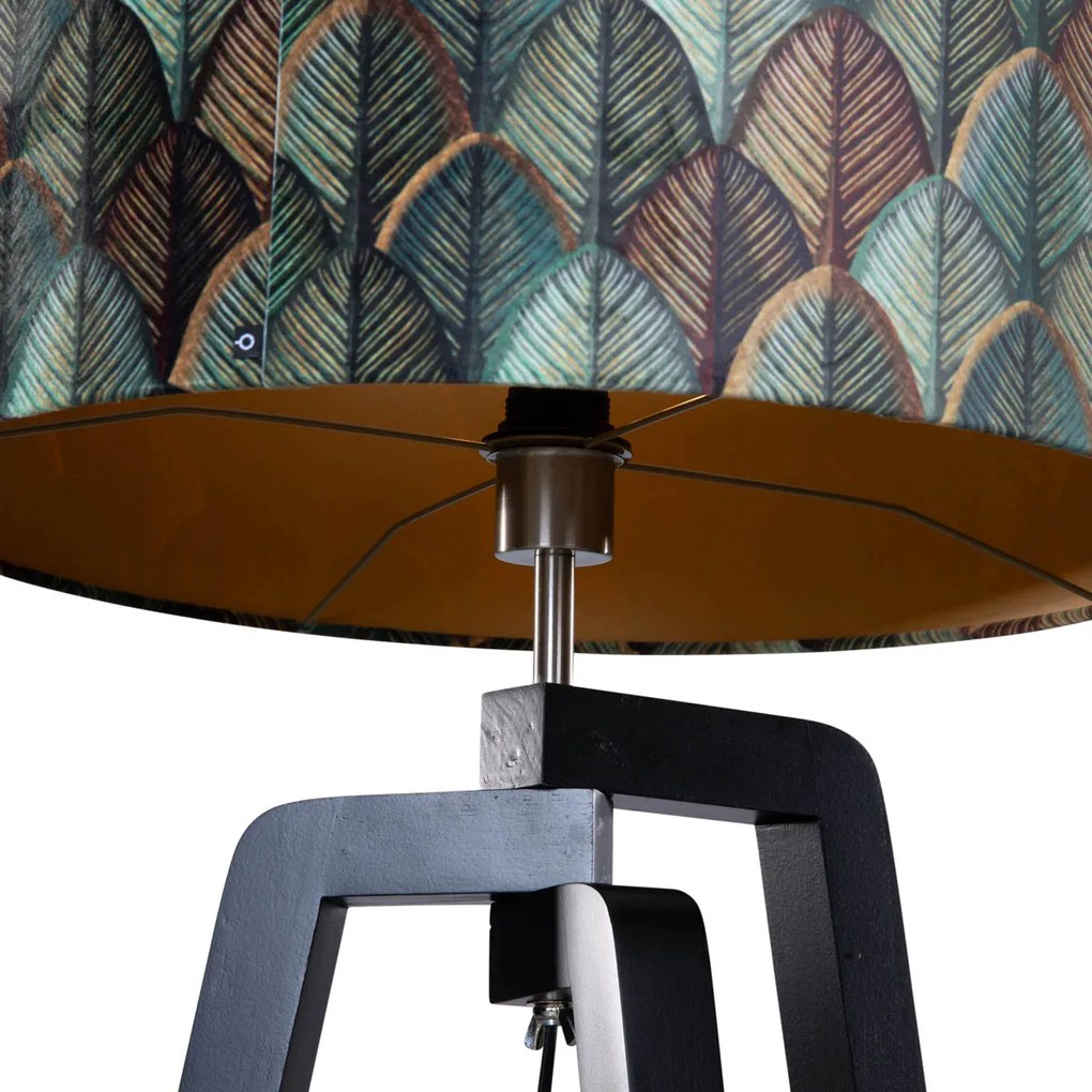 Lampada da terra nera con paralume in velluto motivo foglia 50 cm - Puros