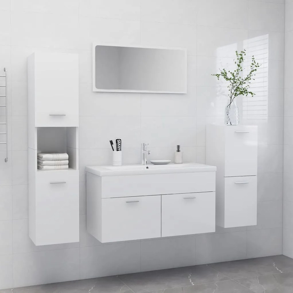 Set Mobili Da Bagno Bianco Lucido İn Legno Multistrato /