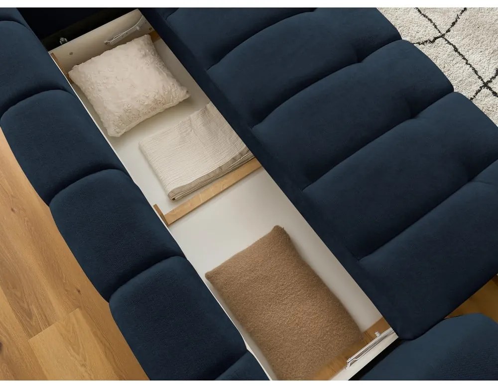 Divano blu scuro allungabile e con contenitore rivestito in ciniglia 251 cm Fuji – Bobochic Paris