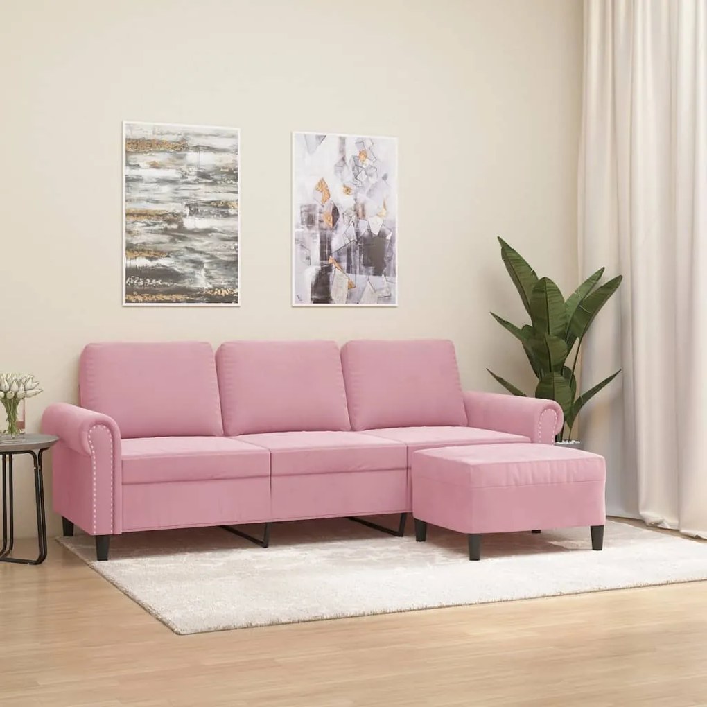 Divano A 3 Posti Con Poggiapiedi Rosa 180 Cm İn Velluto /